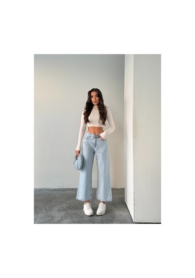 Blue Marlın Buz Kar Yüksek Bel Bilek Boy Kot Bol Paça Jeans Buz Kar