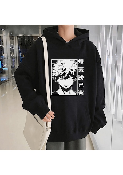 Anime My Hero Bakugou Kapşonlu Sweatshirt Siyah