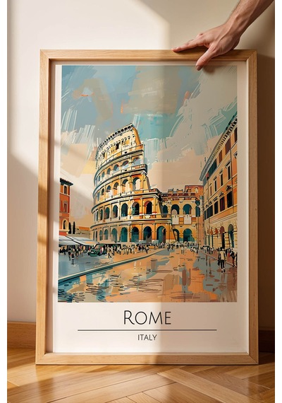 İtalya Roma Duvar Tablosu Kolezyum Temalı Modern Salon Duvar Dekoru, Çerçeveli Poster Tablo Kayın