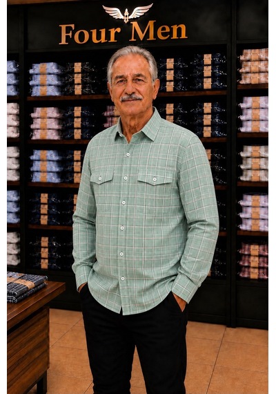 Eren Style Linen Keten Klasik Uzun Kollu Kapaklı Çift Cepli Gömlek Yeşil
