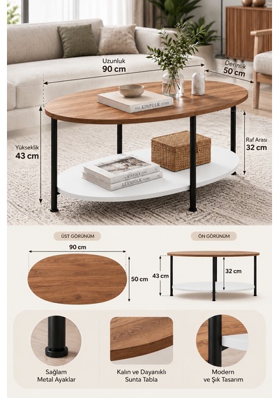 Oval Orta Sehpa 90 Cm İki Katlı Raflı Metal Ayaklı Modern Dekoratif Salon Sehpası Çam - Beyaz Oval Orta Sehpa 90 Cm İki Katlı Raflı Metal Ayaklı Modern Dekoratif Salon Sehpası Çam - Beyaz
