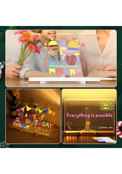 7 Özel Kalem Hediyeli Işıklı Yazı Ve Not Tahtası 20cmx20cm Led Işıklı Neon Yazı Tahtası 7 Özel Kalem