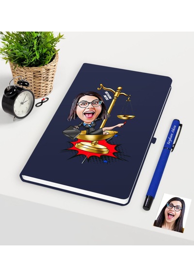 Kişiye Özel Bayan Avukat Karikatürlü Lacivert Defter Kalem Seti - N11.359