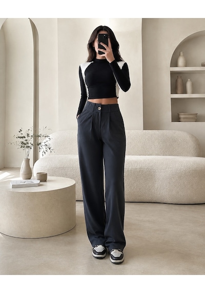 Unika Boutique Kadın Yüksek Bel Pileli Düğme Detaylı Bol Kesim Likralı Palazzo Kumaş Pantolon kahve