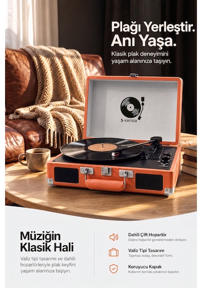 Kensa Bluetooth Lu Nostaljik Çantalı Pikap 33/45/78 Devir Dahili Bataryalı Plak Çalar ...