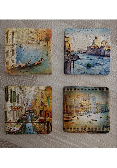 Venedik Manzaraları Doğal Taş Bardak Altlığı 4'lü Set - Natural Stone Coasters - Taş Çok Renkli