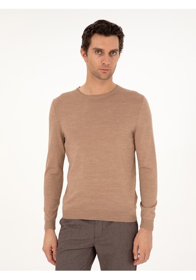 Cacharel Camel Slim Fit Bisiklet Yaka Yün Karışımlı Basic Triko Kazak Kahverengi