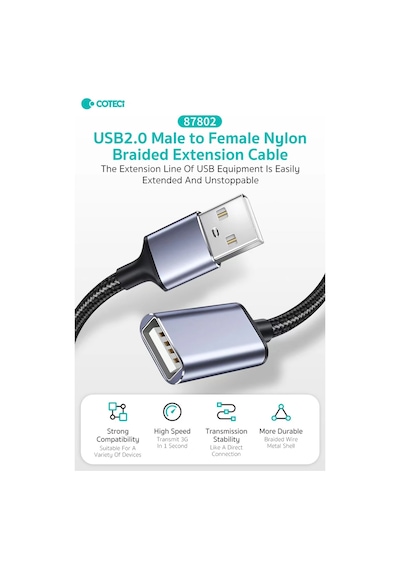 Usb Uzatma Kablosu Dişi Erkek Usb 2.0 Data Şarj Yazıcı Klavye Mouse Uzatıcı Örgülü 3 Metre