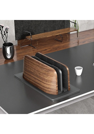 Mcstorey Ahşap Dikey Laptop Standı Çift Yuvalı 2 Cihazlık Macbook Notebook Tutucu Masaüstü Organizer Kaymaz Tabanlı Ahşap Metal Stand