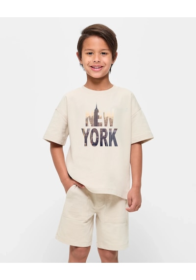 Uyguntarz Çocuk Newyork Baskılı Pamuklu Tshirt Bej
