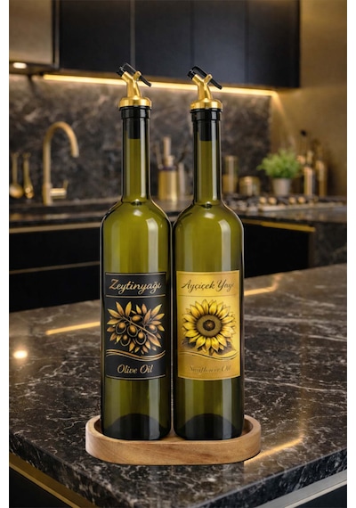 Ahşap Standlı Zeytinyağı Ve Ayçiçek Yağı Şişesi Seti, Etiketli Ve Gri Yağdanlıklı, 750 Ml, 2 Adet Altın