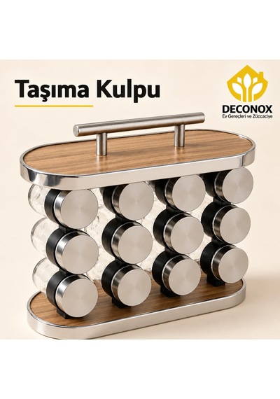 Deconox Standlı 12 Li Cam Baharatlık Seti, Metal Kapaklı Şeffaf B