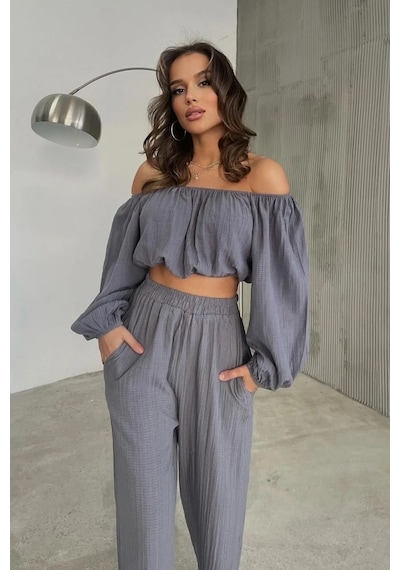 Fashion Cocktail Düşük Omuz Yazlık Lastikli Bohem Sahil Pantolon Krop Göbek Açık Kadın Takım Gri