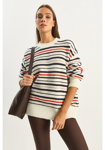 Shade Kadın Bisiklet Yaka Çizgili Oversize Triko Kazak 2524 60283680 - Krem
