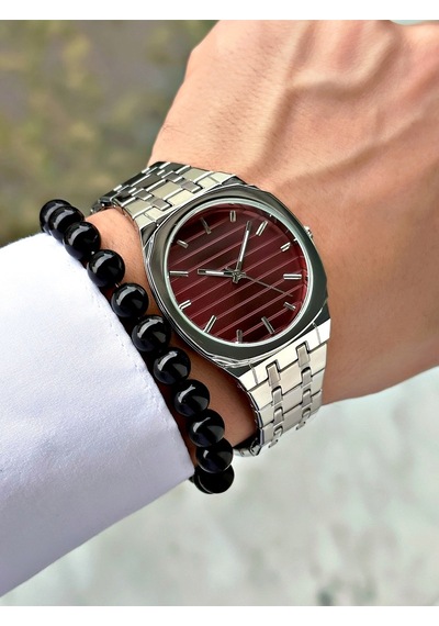 Özel Lüks Seri Classic Tasarım Eşref Tek Saat Modeli Metal Kordon Erkek Kol Saati-bileklik Hediyeli Bordo