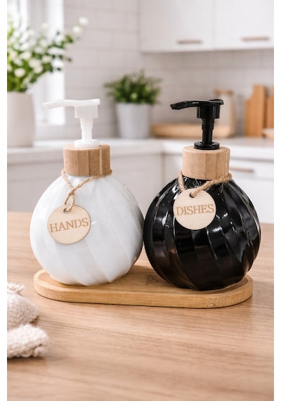 Makri Home 2'li Sıvı Sabunluk & Deterjanlık Seti, Bambu Stantlı, Stant 17,5x8,5 Cm, Şişe 400 Ml 15x10 Cm Beyaz - Siyah