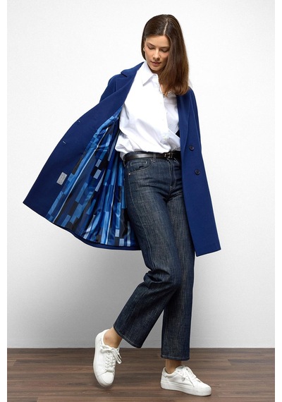 Olcay Desenli Astarlı Oversize Kruvaze Kaban Saks 3095 Saks Mavi
