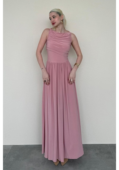 Madmext Pembe Önü Dökümlü Uzun Boy Kadın Elbise Mg2364 Pembe