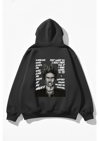 Uyguntarz Unisex Yumuşak Dokulu Frida Kahlo Viva La Vida Baskılı Tasarım Oversize 3 İplik Hoodie Sweatshirt Gri