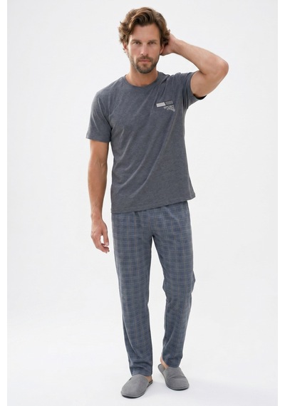 Tudors Erkek Standart Fit Normal Kesim Pamuklu Bisiklet Yaka Kısa Kollu Lastikli Gri Pijama Takımı-51142