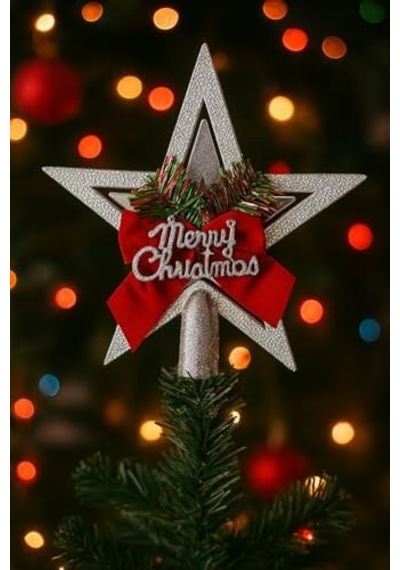 Yılbaşı Ağacı Yıldızı Gold Kurdelalı Merry Christmas Yazılı Yılbaşı Süsü Gümüş Diğer