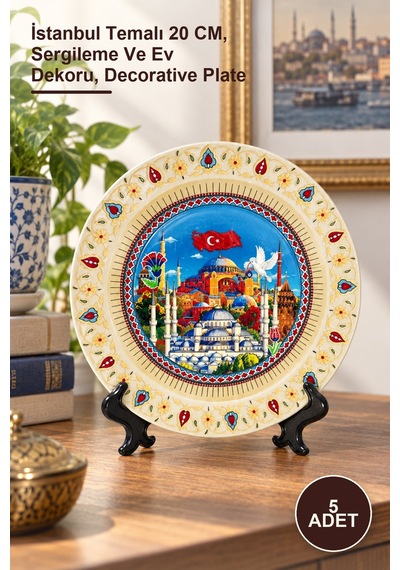 5 Adet Porselen Dekoratif Tabak İstanbul Temalı 20 Cm, Sergileme Ve Ev Dekoru, Decorative Plate Doğal