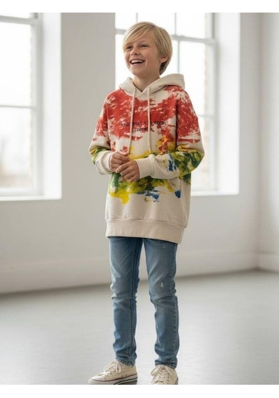 Zekids Erkek Çocuk Batik Desenli Kapüşonlu Sweatshirt-16644 Renkli