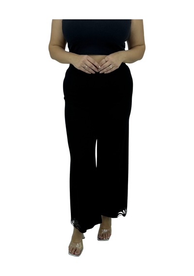 Büyük Beden Likralı Beli Lastikli Nakış Detaylı Geniş Paça İnce Viskon Kadın Tayt Pantolon Siyah Büyük Beden Likralı Beli Lastikli Nakış Detaylı Geniş Paça İnce Viskon Kadın Tayt Pantolon Siyah