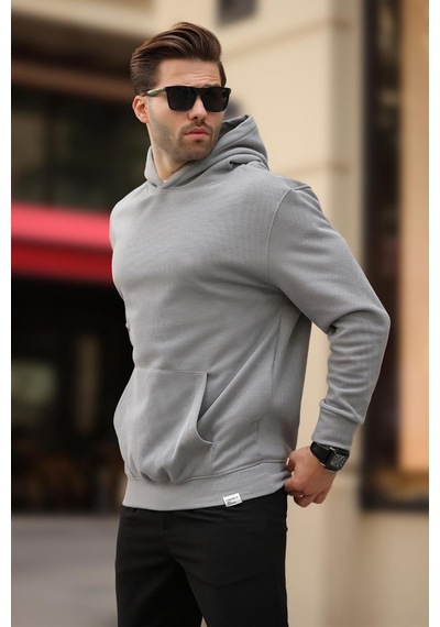 Madmext Boyalı Gri Kapüşonlu Cep Detaylı Sweatshirt 7095 Gri