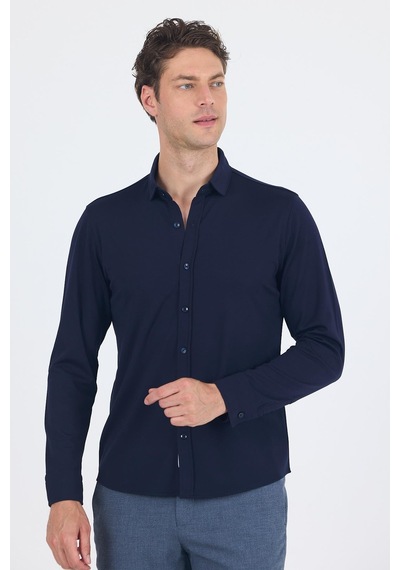 İmza Koyu Lacivert Uzun Kol Düz Örme Polo Yaka Cepsiz Esnek Classic Slim Fit Gömlek 1004250153 200 Koyu Lacivert