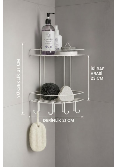 Sas Haus Banyo Köşe Rafı Askılı Duş Organizeri Ve Şampuanlık 2 Katlı Beyaz Ek-02 Beyaz