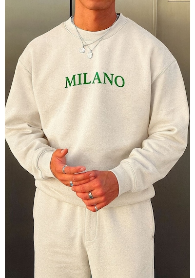 Benroma 3 İplik Penye Milano Baskılı Unisex Sweatshırt Beyaz