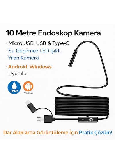 10 Metre Endoskop Kamera Su Geçirmez Led Işıklı Boroskop Yılan Kamera Android Uyumlu Micro+usb+type-c