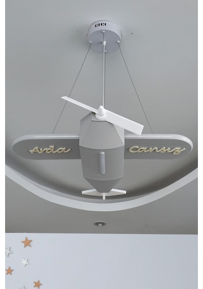Uçak Temalı Entegre Led Çocuk Odası Sarkıt Avize 70x80cm Kişiye Özel Tasarım, El Yapımı Görünüm Gri Gri
