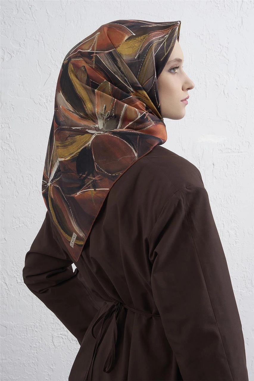 Armine Çiçek Desenli Saf İpek Twill Eşarp 9406d 80 Açık Kahve