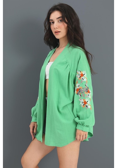 Kimono Reglan Kol Nakışlı Keten - Yeşil Çok Renkli