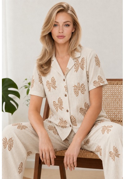 Kadın Kısa Kol Desenli Ekru Pijama Takımı 4739