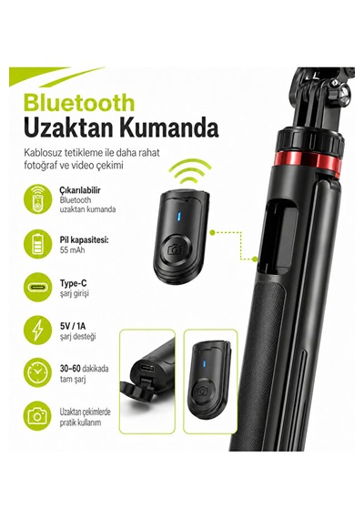 1,8 Metre Bluetooth Selfie Çubuğu Tripod Uzaktan Kumandalı 360 Döner Type-c Şarjlı