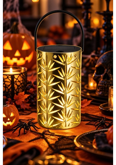 Gold Metal Yapraklı Askılı Pilli Led Fener Halloween Yılbaşı Ramazan Dekor Süsü 12,5 X 7,5 Cm Renkli