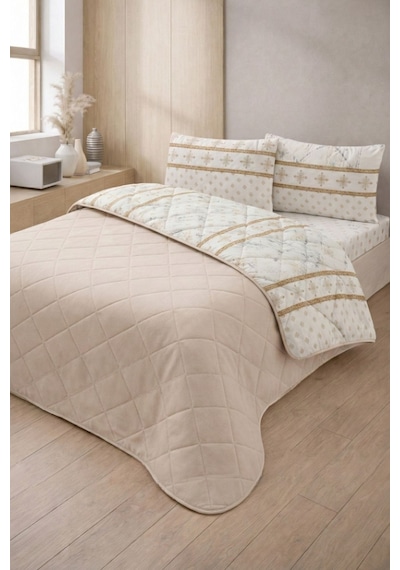 Formeya Kapitoneli Çift Kişilik Desenli Pike - Yatak Örtüsü Takımı 200x230 Cm - 2 Adet Yastık Kılıflı Bej