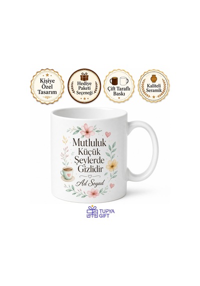Mutluluk Küçük Şeylerde Gizlidir Yazılı Motivasyon Kupası Hediye Bardak Beyaz / Çok Renkli