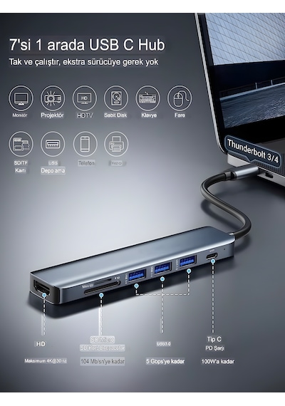 7in1 Aluminiumusb Çoklayıcı Çevirici Pd100w Hızlı Şarj 4k 60hz 1xhdm 3xusb 1xtype-c Tf/sd Gri