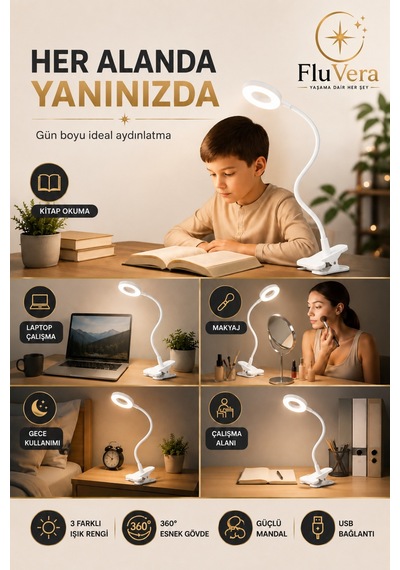 Usb Led Halka Masa Lambası 3 Renk Işık 360 Esnek Gövde Mandallı Klipsli Çalışma Okuma Makyaj Lambası Beyaz