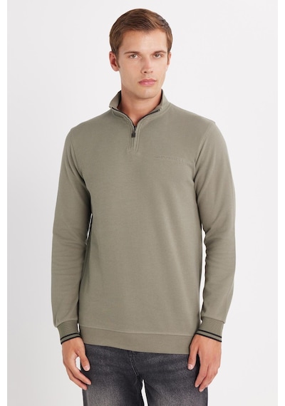 Tudors Erkek Slim Fit Dar Kesim Pamuklu Yarım Fermuarlı Dik Yaka Haki Sweatshirt-35786 Haki