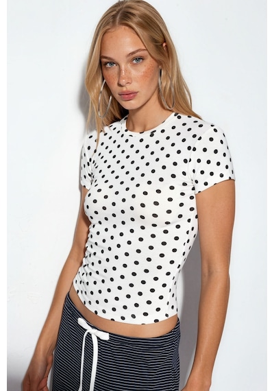 Hiccup Bdart Kadın Puantiyeli Slim Fit Bisiklet Yaka Tişört Tozlu Beyaz