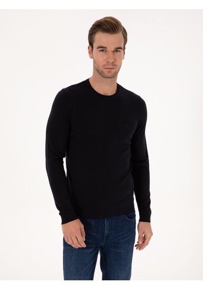 Cacharel Lacivert Slim Fit Pamuk Karışımlı Bisiklet Yaka Basic Triko Kazak