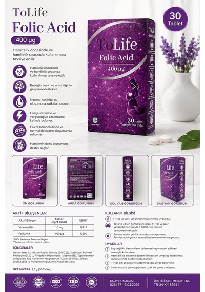 Tolife Folic Acid 400 Μg + Vitamin B6 İçeren Takviye Edici Gıda 30 Tablet