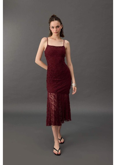 Defacto Bodycon Vücudu Saran Askılı Dantel Midi Elbise F7886ax25aubr204 Bordo