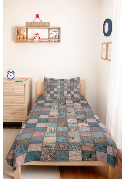 Mavi Patchwork Genç Odası Tek Kişilik Pike Takımı-pastel Geometrik 160x220 Cm Kapitone Yatak Örtüsü Mahmur Kekik Kuşağı