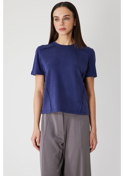 On Kadın Dikiş Detaylı Sıfır Yaka T-shirt 71458 Indigo Indigo